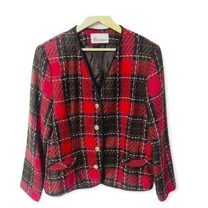 Collaborations vintage preppy tweed plaid print collarless blazer jacket